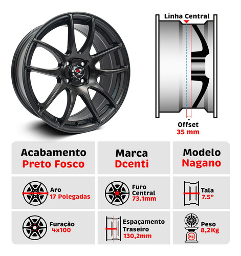 Jogo Roda Work Emotion Aro 17x7.5 4x100 Offset 35 Preto