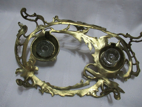 Antig Tintero Doble Estilo Francés Bronce Recipientes Vidrio (Usado)