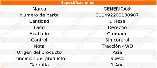 1- Espejo Derecho Crom S/control Pickup 1989/1995 Genérica