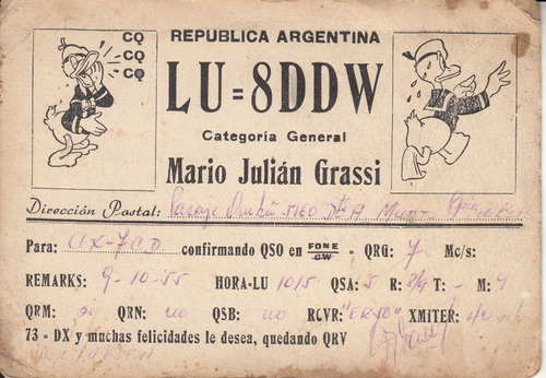 1955 Walt Disney Tarjeta Radio Qsl Argentina Pato Donald 