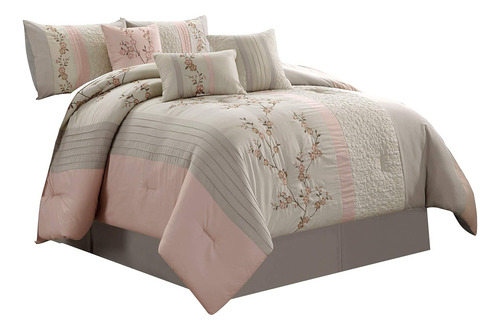 Juego De Edredón 7 Piezas King Size Bordado Floral Gris