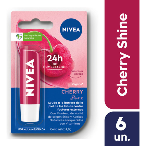 Nivea Protector Labial Humectante Cherry Shine 4,8gr Pack X6