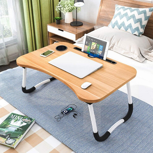 Mesa De Cama Plegable C/ Luz Usb Porta Vaso Desayuno Bandeja Color Marrón claro