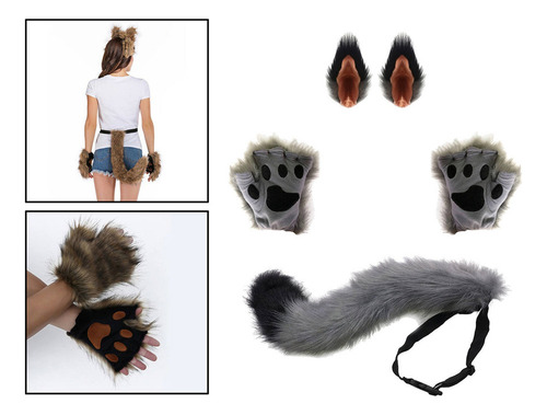 Conjunto De Guantes Y Orejas De Clip De Cola De Zorro Traje