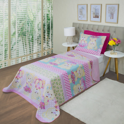 Kit Cobre Leito Infantil Solteiro 2 Peças Dupla Face Cor Rosa Ursa