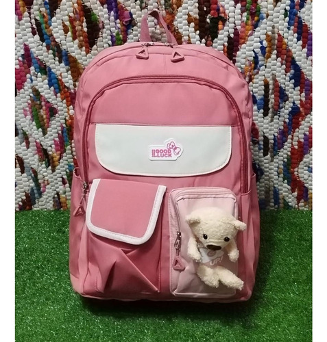 Mochila Import Asiatica Kawaii Con Osito Good Luck Coral Liso