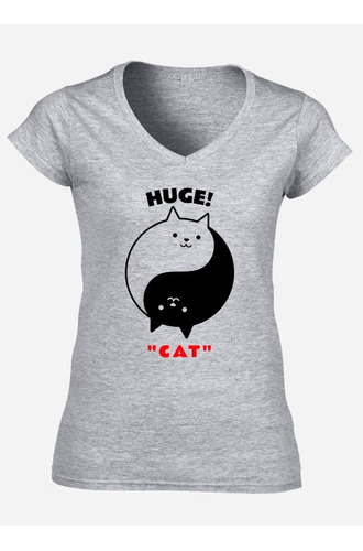 Remera Yin Yang Gatos / Huge Cat/ Mujer Escote V 