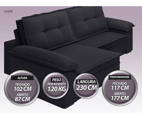 Sofá 4 Lugares Luxor Retrátil E Reclinável Preto 2,30m