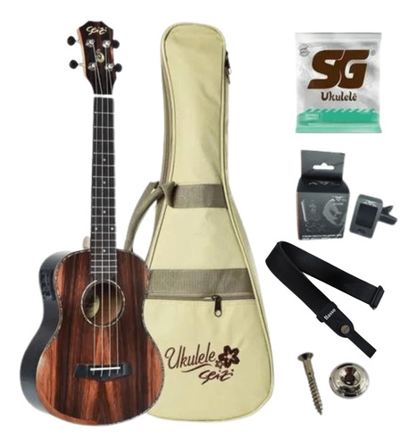 Ukulele Seizi Elétrico Tenor Bora Bora Plus Ebony + Kit