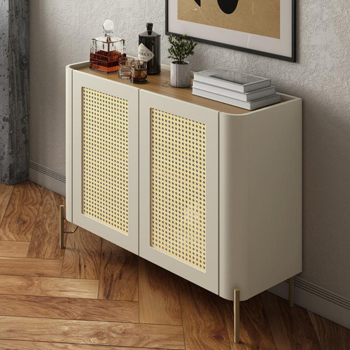 Buffet Aparador 98,5cm Porta Sextavada 100% Mdf Pés Metal Cor Louro E Luna Com Dourado