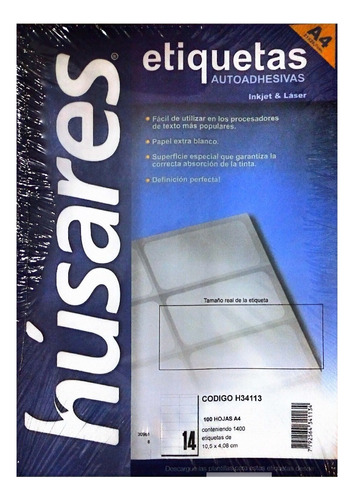 Etiquetas Husares A4 Cod H34113 Medida 10.5x4.08 Cm Paq X100