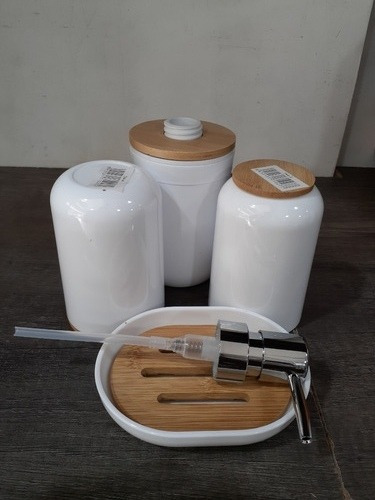 Imagen 3 de 9 de Set De Baño X4 Dispenser Portacepillo Vaso Jabonera Bambú