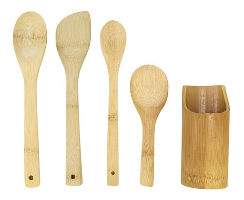 Kit Colheres Talheres De Bambu Para Cozinha Com Suporte