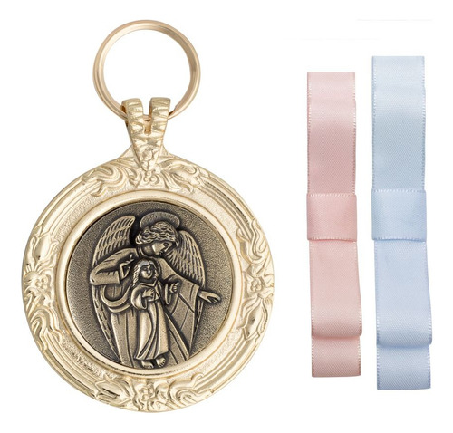 Medalhão Metal De Berço Anjo Da Guarda Proteção Com Fitinhas Cor Ouro Velho