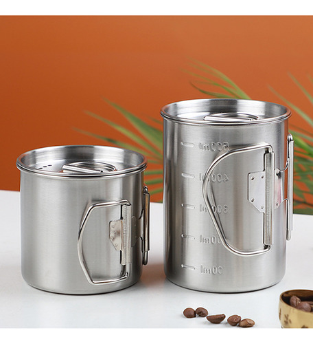 Taza De Camping De Acero Inoxidable Con Tapa Y Asas Plegable