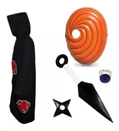 Manto Roupa Akatsuki com Máscar Tobi + 2 colares e Anel Akatsuki (P (1,40 a  1,55))