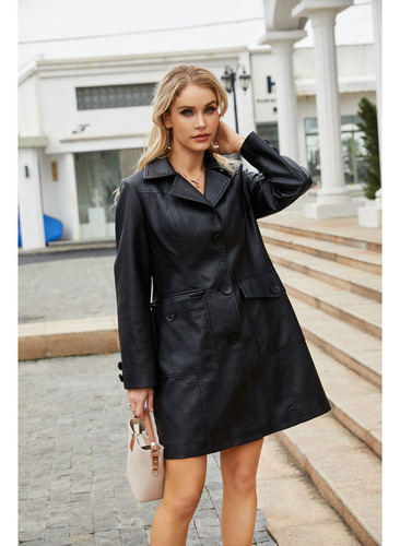 Chaqueta Larga Cuero Para Mujer Cuero Pu Cortavientos Abrigo