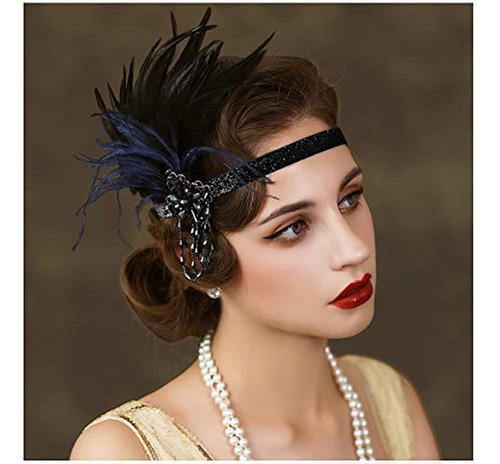 Tocado De Flapper De Plumas Sweetv Negro, Diadema De Diamant