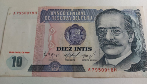 Billete Antiguo De 10 Intis - Ricardo Palma 1986 Perú