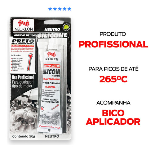 Silicone Neutro Alta Temperatura 50g Neoklon Preto Uso Profissional Para Junta Motor Radiador Flanges Fornos
