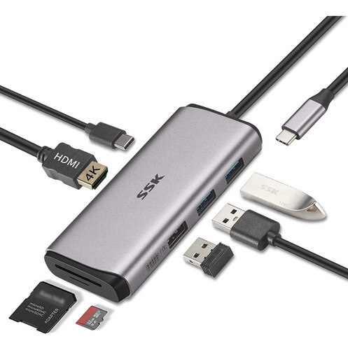 Adaptador Usb-c - 3 Port Usb + Hdmi + Sd + Msd + Pd - Pc/mac