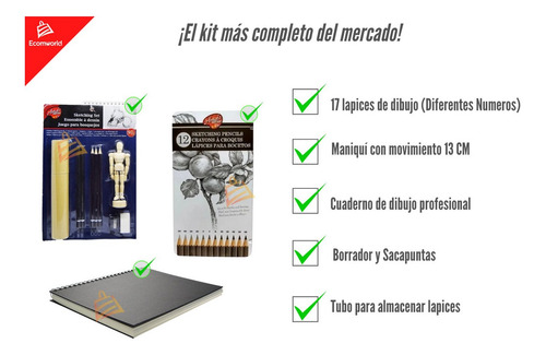 Imagen 6 de 9 de Kit Profesional De Dibujo Cuaderno Boceto Lapices Carbon