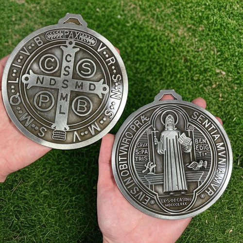 Gran Medalla Medallón San Benito De Nursia 12,5x14cm Platead