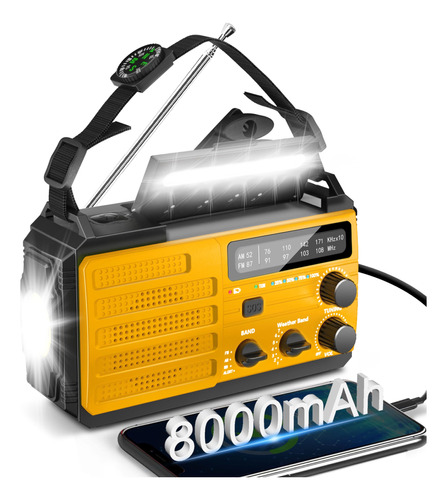 Radio Meteorologica Con Manivela De Emergencia De 8000 Mah,