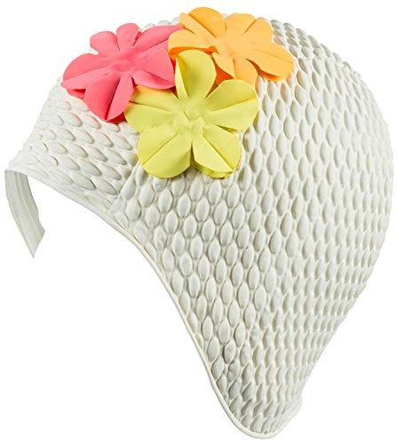 Látex Bubble Crepe Swim Cap Con 3 Flores - Blanco Con Flores