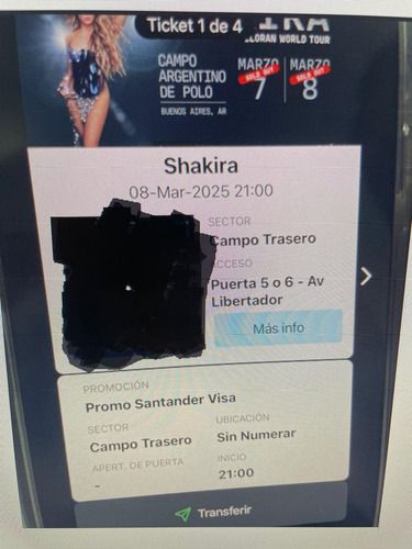 Entrada Shakira Campo Trasero - Sabado 08/03/2025 Ultima