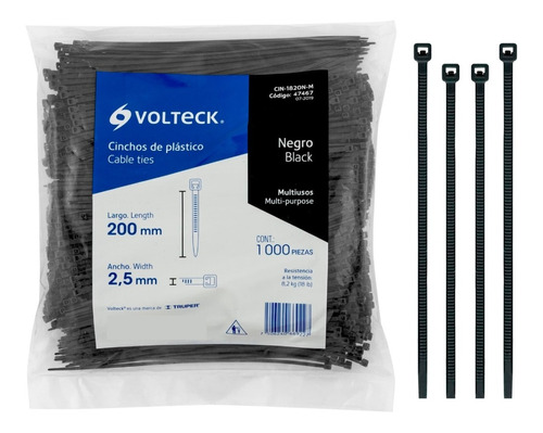 Cincho Plástico 18 Lb 20 Cm Negro 1000 Pz Volteck 47467