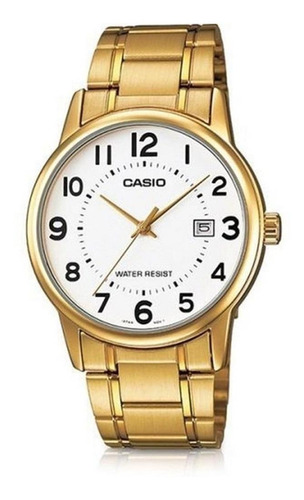 Reloj pulsera Casio Enticer MTP-V002 de cuerpo color dorado, analógico, para hombre, fondo blanco, con correa de acero inoxidable color dorado, agujas color dorado, dial negro, minutero/segundero negro, bisel color dorado y desplegable