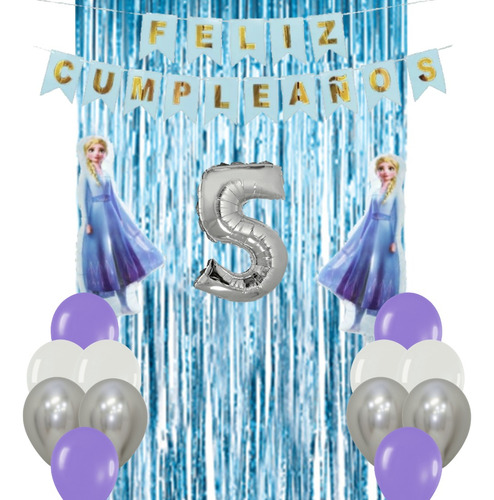  Combo Kit Deco Cumple Frozen Cortina Banderin Globos