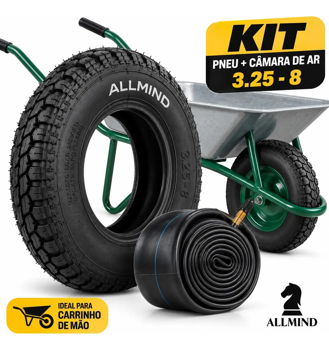 Kit Pneu Reforçado + Câmara De Ar Completo Para Carrinho De Mão Não Fura 3,25x8 Carga Carriola 150kg Allmind Reforçado