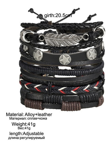 Set 5 Pulsera Manilla Brazalete De Cuero Pluma Hombre Mujer