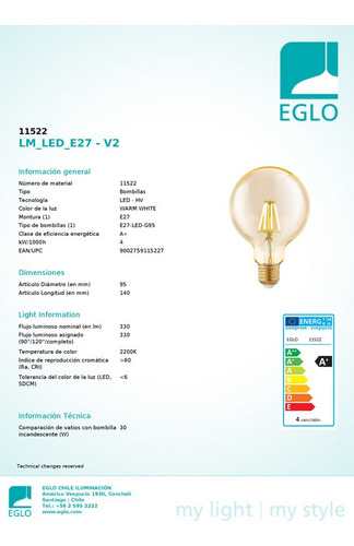 Ampolleta Led Eglo E27 Cod 11522 5 Años Garantia
