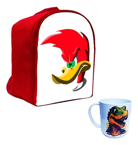 Kit Mochila Jardin Roja Pajaro Loco Y Taza #a 11