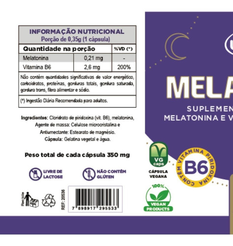 Melatonina + B6 Unilife 60 Cápsulas Sem Sabor