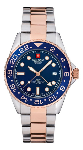 Reloj Swiss Alpine Military Master Diver Gmt 7052.1155sam Malla Plateado Y Rosé Bisel Azul Fondo Azul