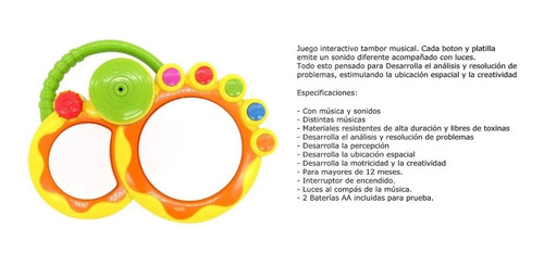 Imagen 4 de 6 de Tambor Musical Infantil Interactivo Didactico C/ Luces Poppi
