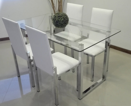 Juego Comedor Cromado 4 Sillas Mesa Vidrio 1,40x0,80 Moderno