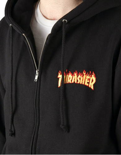 Campera Thrasher Modelo Hoodie Zip Flame Negro Exclusivo