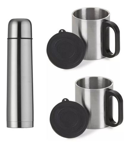 Kit Garrafa Térmica Inquebrável Aço Inox 1 Litro Quente Frio