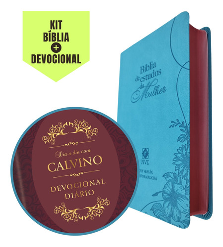 Kit - Bíblia Nvt Capa Azul Feminina + Devocional Com Calvino