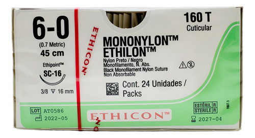 Sutura Nylon 6-0. Ref: 160t. Caja Con 24 Pz. Ethicon.