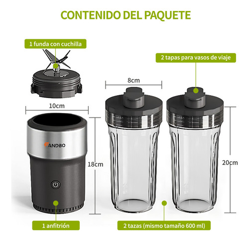Fandbo Licuadora portátil 1.2l Con 2 Tazas Portátiles 6 Cuchillas 400w Con 20000 Rpm/min De Mano Rápido Y Eficiente