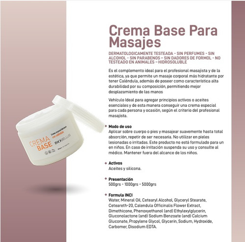 Crema Base Para Masajes Biobellus Corporal Piel 500grs