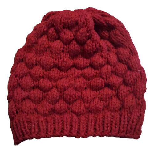 Gorro De Lana Tejido A Mano - Artesanal Bordó Unico Punto Burbuja