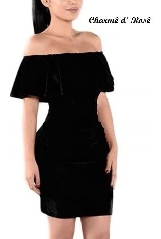Vestido Babado Ombrinho Ciganinha Veludo Molhado Curto Justo