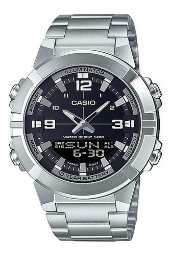 Reloj Casio Illuminator World Time +30 Memo AMW-870D-1avdf, color de la correa: plata, color del bisel, color plateado, color de fondo negro